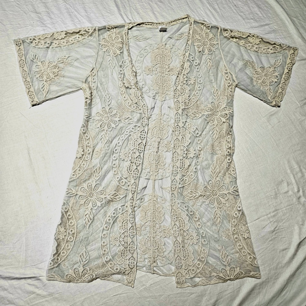 Unbranded Lace Kimono Women L-XL Cream Floral Mesh Boho Open Front Cardigan